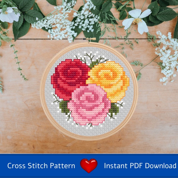 Cross Stitch Chart (PDF Download) A Posy of Roses - three blooms; pink, yellow and red, with gypsophilia. Just cross stitch and backstitch.