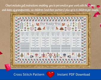 Cross Stitch Chart (PDF Download) Grandparents' Family Tree - record your 6 children, their partners and up to 6 children per couple