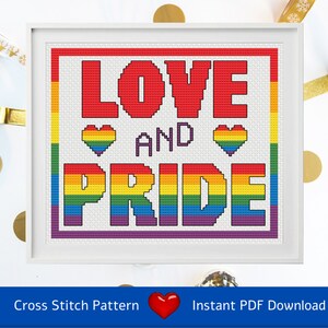 Kruissteekkaart (direct downloadbare pdf) Love and Pride: eenvoudig ontwerp, kruissteek en stiksteek, ter ere van Pride Month