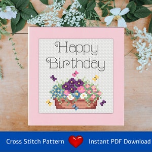 Cross Stitch Chart (PDF Download) Birthday Butterflies – small design featuring flowers and butterflies, using cross stitch and backstitch