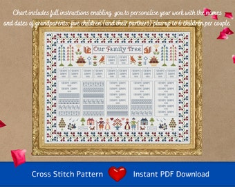 Cross Stitch Chart (PDF Download) Grandparents&#39; Family Tree - record your 5 children, their partners and up to 6 children per couple