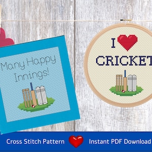 2 grilles de point de croix (téléchargement PDF) I Love Cricket et une carte d'anniversaire, Many Happy Innings. Idéal pour faire des cadeaux pour les amateurs de cricket.