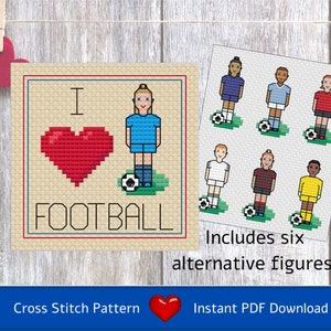 May include: Cross stitch pattern featuring a girl with a red heart that says "I love football". The pattern includes six alternative figures.