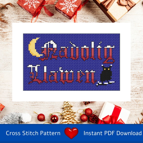 Cross Stitch Chart (Instant PDF Download) – Nadolig Llawen - Christmas card design featuring an owl, moon and Welsh greeting