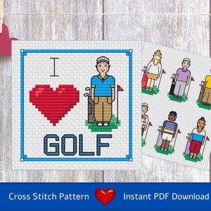 May include: Cross stitch pattern featuring a golfer with a golf bag and the text "I love golf". The pattern includes a red heart and a variety of colors.