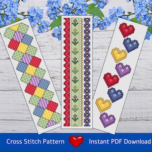 May include: Three cross stitch bookmark patterns. The first pattern features a colourful patchwork design. The second pattern features a red, green and blue border with a floral design. The third pattern features a row of colourful hearts.