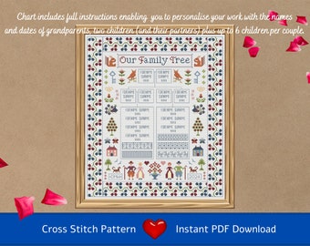 Cross Stitch Chart (PDF Download) Grandparents&#39; Family Tree - record your 2 children, their partners and up to 6 children per couple