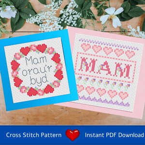 Gráfico de ponto cruz (download em PDF) Dois cartões de Dia das Mães - Corações e flores; Flores para a mamãe. Para as mamães galesas! Ponto cruz e ponto atrás.