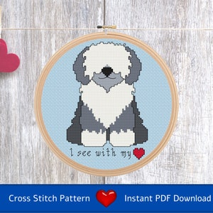 Gráfico de punto de cruz (Descarga PDF) Veo con mi corazón: presenta un perro pastor inglés antiguo, utiliza solo punto de cruz completo y punto atrás
