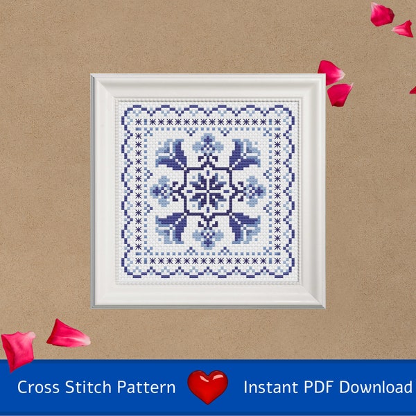 Cross Stitch Chart (PDF Download) Floral Tile: Blue and White – only cross stitch and easy Algerian Eye, traditional motifs, Delph colours