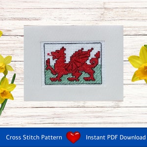 Cross Stitch Chart (PDF Download) Welsh Dragon: Y Ddraig Goch, mini design which is suited to mounting as a card