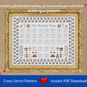 Cross Stitch Chart (PDF Download) Our Family Tree, Extended Version – record your ancestry in stitches - full personalisation instructions