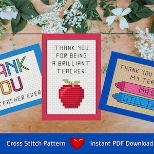 Cross Stitch Charts (PDF Download) Three card designs thanking teachers - An Apple For Teacher, Crayons and Best Ever - quick and easy