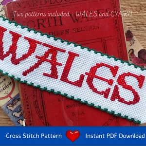 Kreuzstichvorlage (PDF download) Wales oder Cymru Lesezeichen - schnell und einfach, mit ganzem Kreuzstich und Rückstich