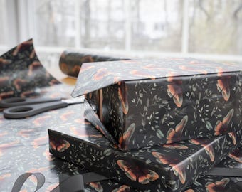 Goth Moth Gift Wrap, Halloween Wrapping Paper, Party Supplies