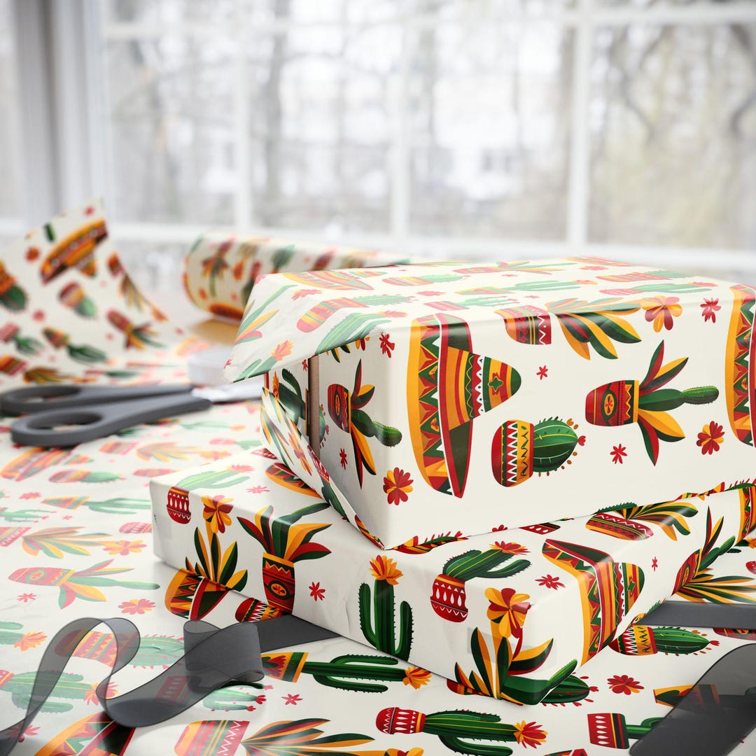 Cactus Wrapping Paper, Mexican Theme Gift Wrap, Sombrero Printed ...