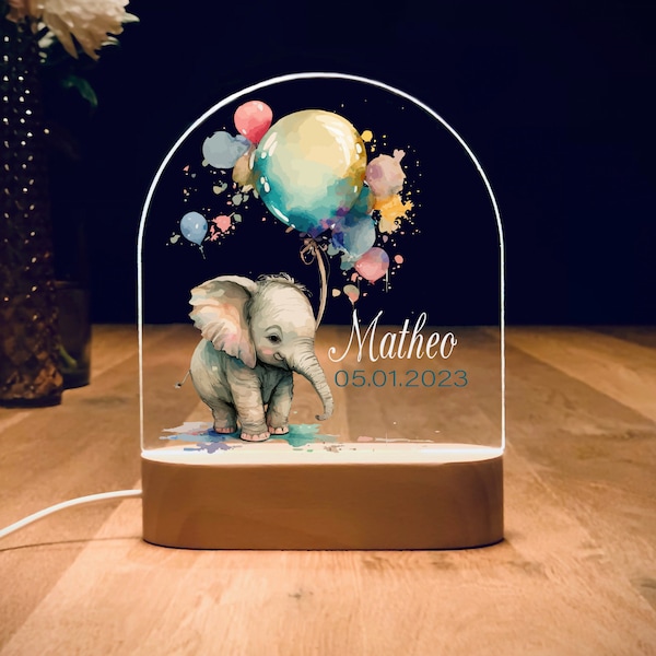 Nachtlicht Elefant, Geschenk für Neugeborenes, Nachtlicht Baby, Nachtlicht personalisiert, Lampe zur Geburt, Babygeschenk Geburt