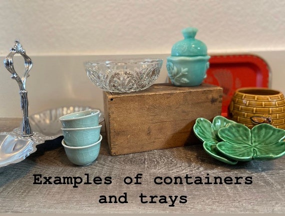 Collection of Curated Vintage and Thrifted trays, bowls, and containers.