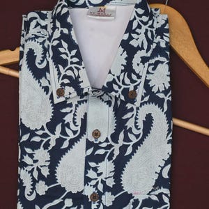 Mediterranean Shirt Men, Blue Paisley Print Shirt, Cotton Button Down, Vintage Style Casual Shirt, Summer Resort Wear