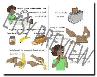 Página de recetas del libro de cocina simple para niños, tostada de plátano y mantequilla de maní
