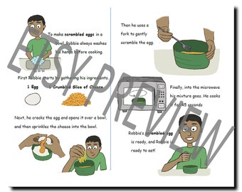Página de recetas del libro de cocina simple para niños, huevos revueltos en microondas