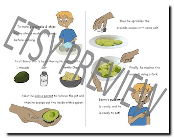 Página de recetas del libro de cocina simple para niños, guacamole y papas fritas