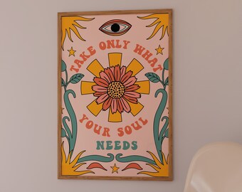 Arte de parede dos anos 70, estampa retrô e descolada, arte de parede retrô com citação espiritual hippie, download digital.