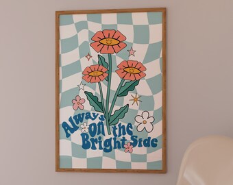 Póster de los 70, arte mural retro hippie, dibujo de flores, descarga digital.