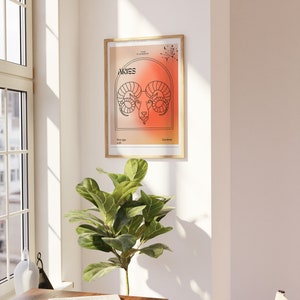 May include: A framed print with a minimalist design featuring the zodiac sign Aries. The background is a gradient of orange and red. The text "Aries" is in black and the text "The Pioneer" is in white. The text "Fire sign" and "Cardinal" are also included.