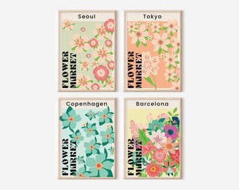 Flower Market Poster Set of 4,Gallery Wall Set, Botanical Wall Art,Printable Wall Art Set