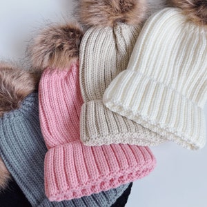 Knit Hat With Removable Fur Pom Pom | women's | mens | kids | winter hat | warm hat | pink | black | white | grey | beanie hat | fluffy |