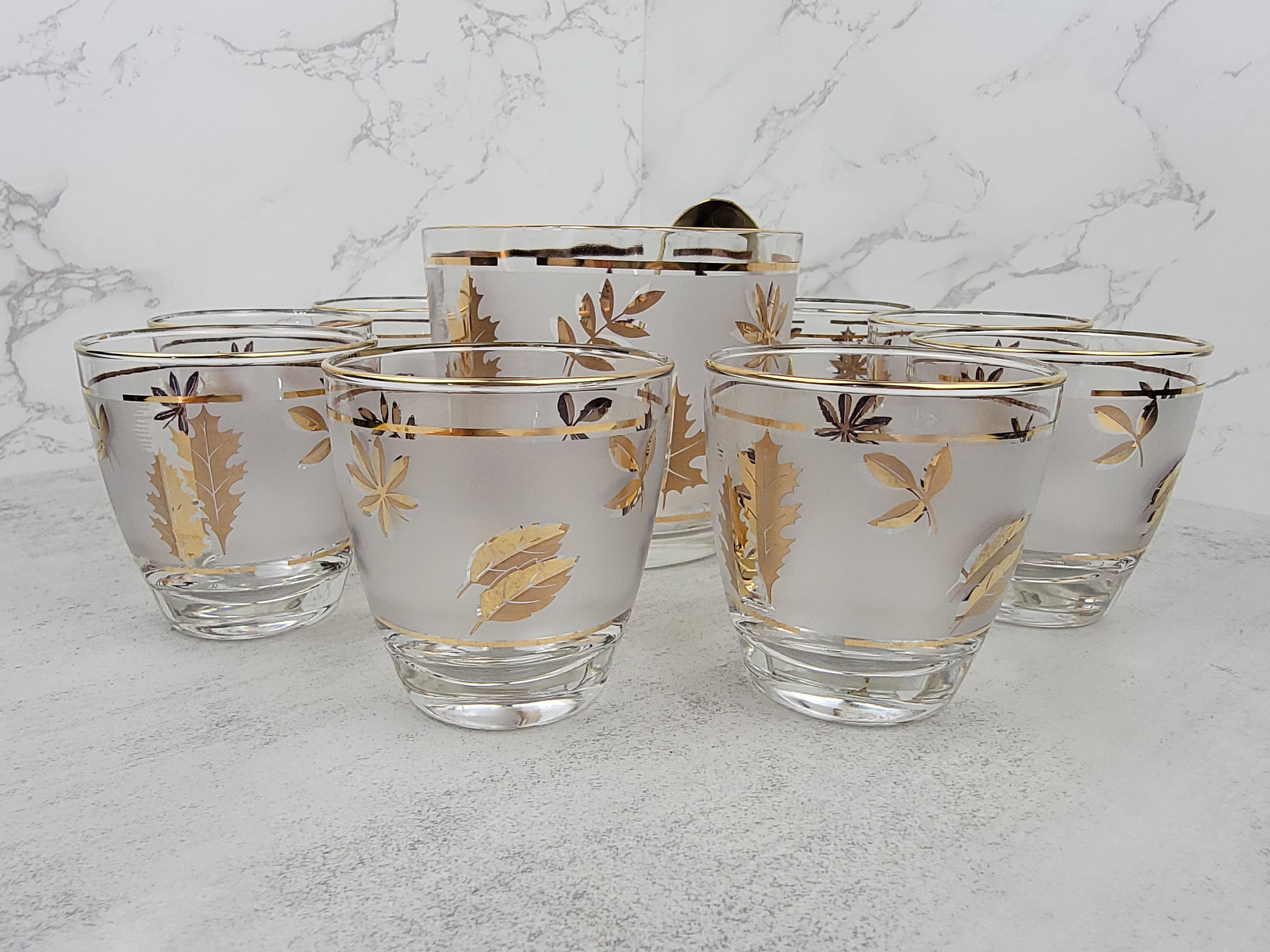 Golden Foliage Leaf Highball Glasses Set of 8 and Ice Bucket by Libby Glass  For Sale at 1stDibs