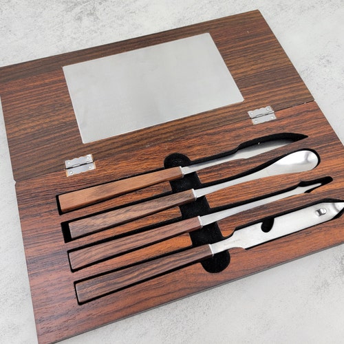 Mid-Century Rosewood and stainless steel bar tool shops set | Vintage bar tool set with case