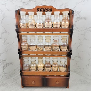 Vintage Spice Rack with Jars Made in Japan 10 Jars Wood Magnetic Doors Slats