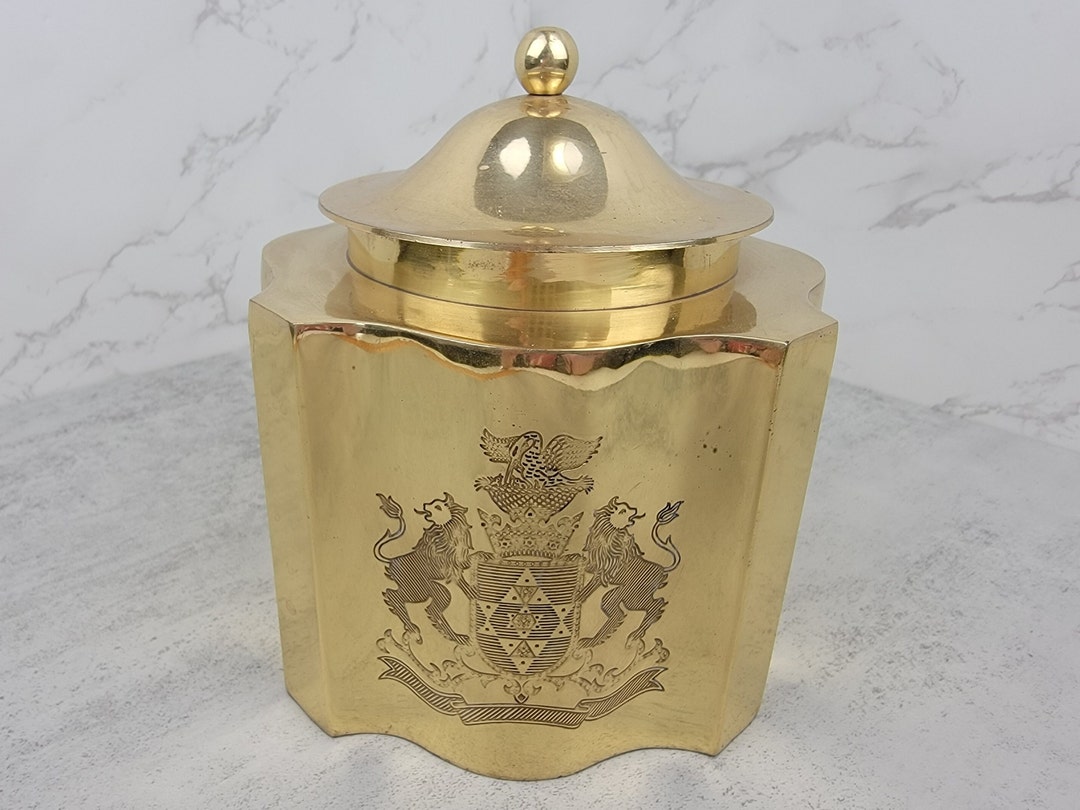 Vintage Etched Brass Tea or Biscuit Cannister With Royal Crest Vintage Brass Biscuit Caddy With