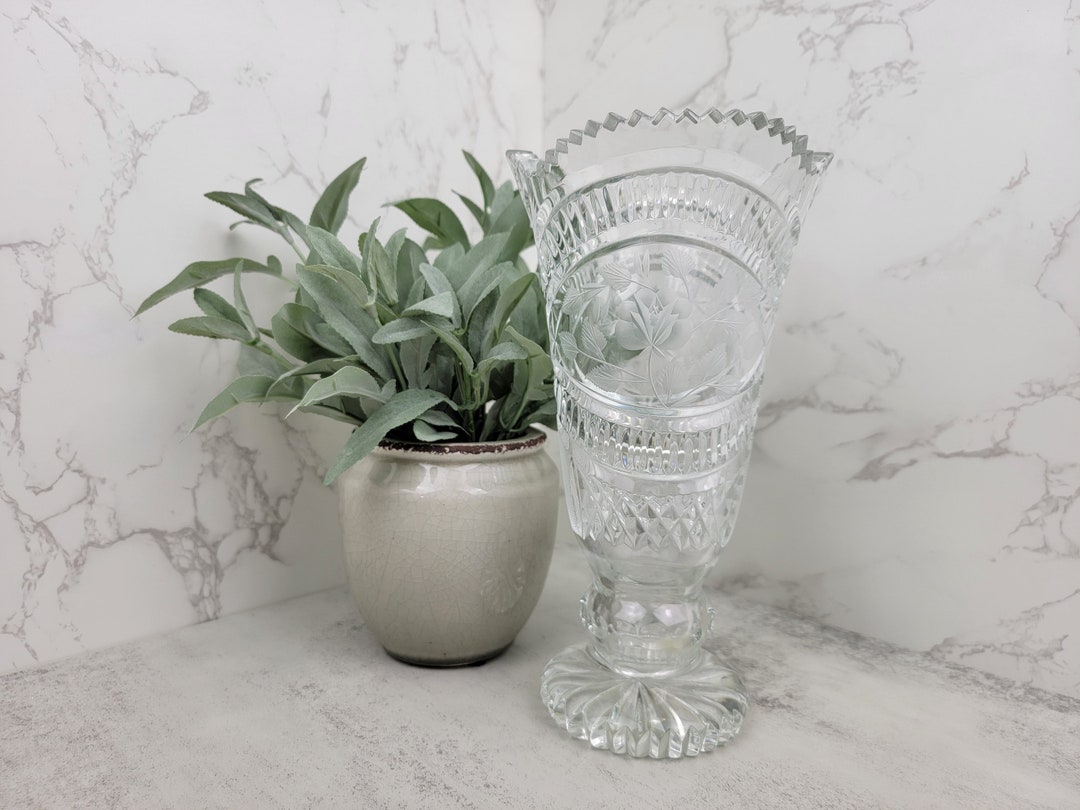 Vintage Vitrometan Etched Lead Crystal Pedestal Vase Vintage Etsy