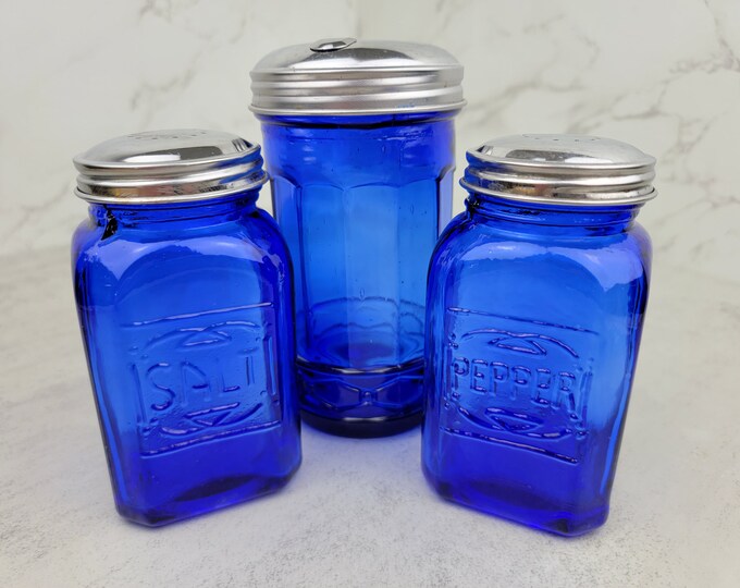 Vintage Cobalt Blue Glass Sugar Dispenser and Salt and Pepper Shakers