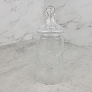 Vintage pressed glass apothecary jar with eagle design and lid | Vintage patriotic apothecary storage jar
