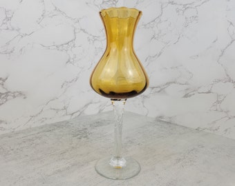 Vintage amber glass Empoli style vase or candle holder with clear twisted stem | Vintage amber and clear glass vase