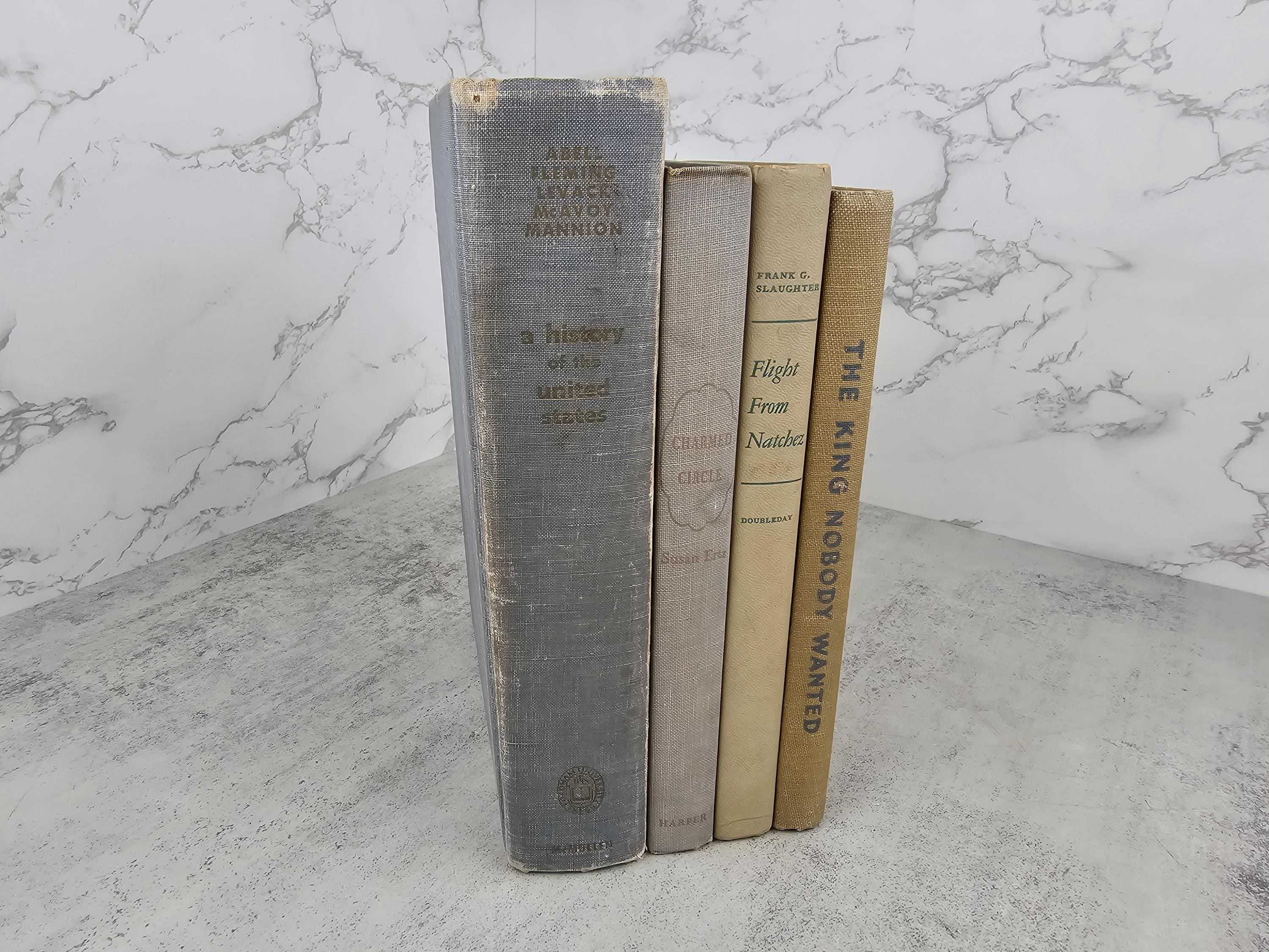 Vintage Neutral Decorative Book Set Beige & Gray Linen Hardcover Books (1940s and 1950s)