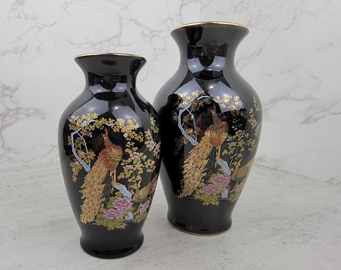 Vintage Black Japanese Vases With Gold Peacock and Purple Etsy