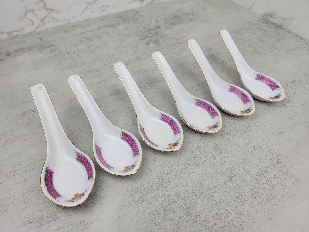 Porcelain Chinese Soup Spoons With Pink Floral Design set of Six