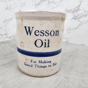 Vintage Wesson Oil Advertising Stoneware Crock | Vintage blue and white advertising crock