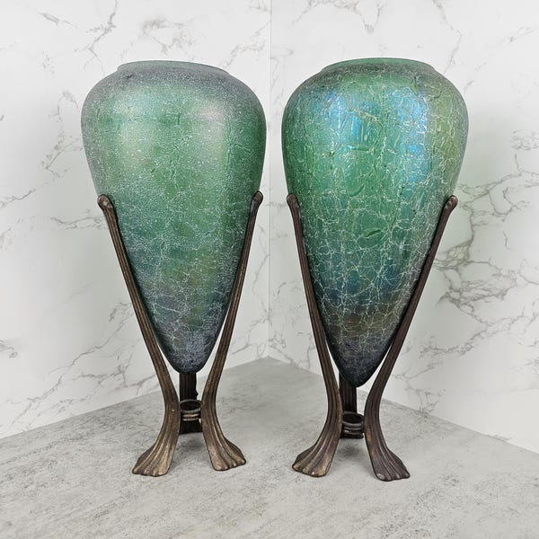 Vintage Silvestri Art Nouveau Green Crackle Glass Vases: Ornate Brass Stands, Set of Two