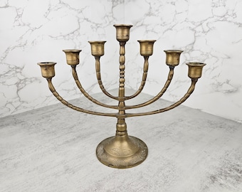 Vintage brass Hanukkah Menorah | Judaica Menorah brass candle holder with seven arms