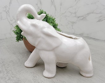 Vintage white ceramic elephant planter with raised trunk | vintage ceramic animal planter with crazing