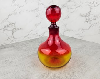 Vintage amberina glass decanter with stopper | Vintage red and yellow liquor decanter or genie bottle