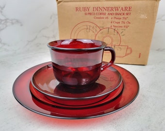 Vintage Arcoroc Ruby Red Coffee and Snack Set (12 pieces) in original box  | red glass coffee cups, saucers, and dessert plates