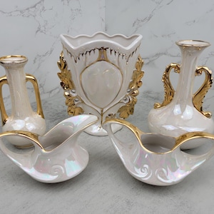 Vintage pearl lusterware and 24K gold ceramic cream and sugar and vases | opalescent ceramic vases, creamer, and sugar bowl