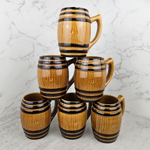 Vintage MCM ceramic barrel mugs (set of six) | vintage barrel shaped beer mugs